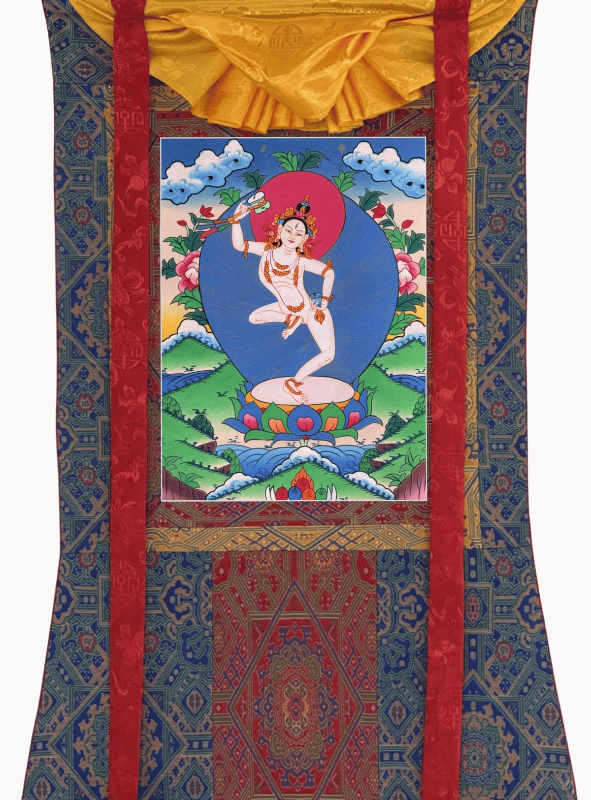 Machig Labdron Thangka Painting with Silk Brocade, Hand-Painted Tibetan Chod Master Buddhist Art