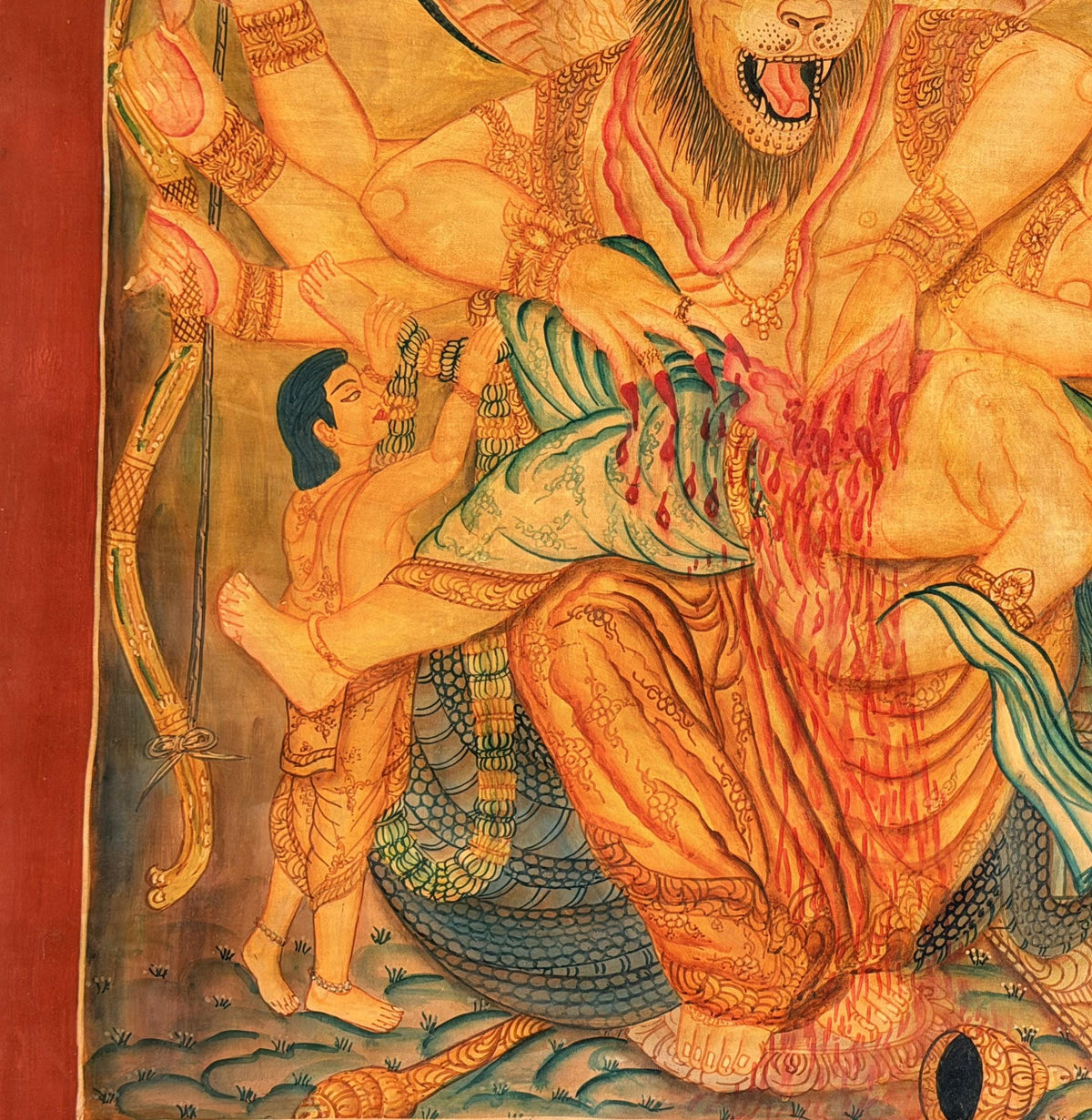 Oil Varnished Narasimha Thangka Painting, Lord Vishnu Lion Avatar, Hand-Painted Hindu Buddhist Art, Antique Style Nepal