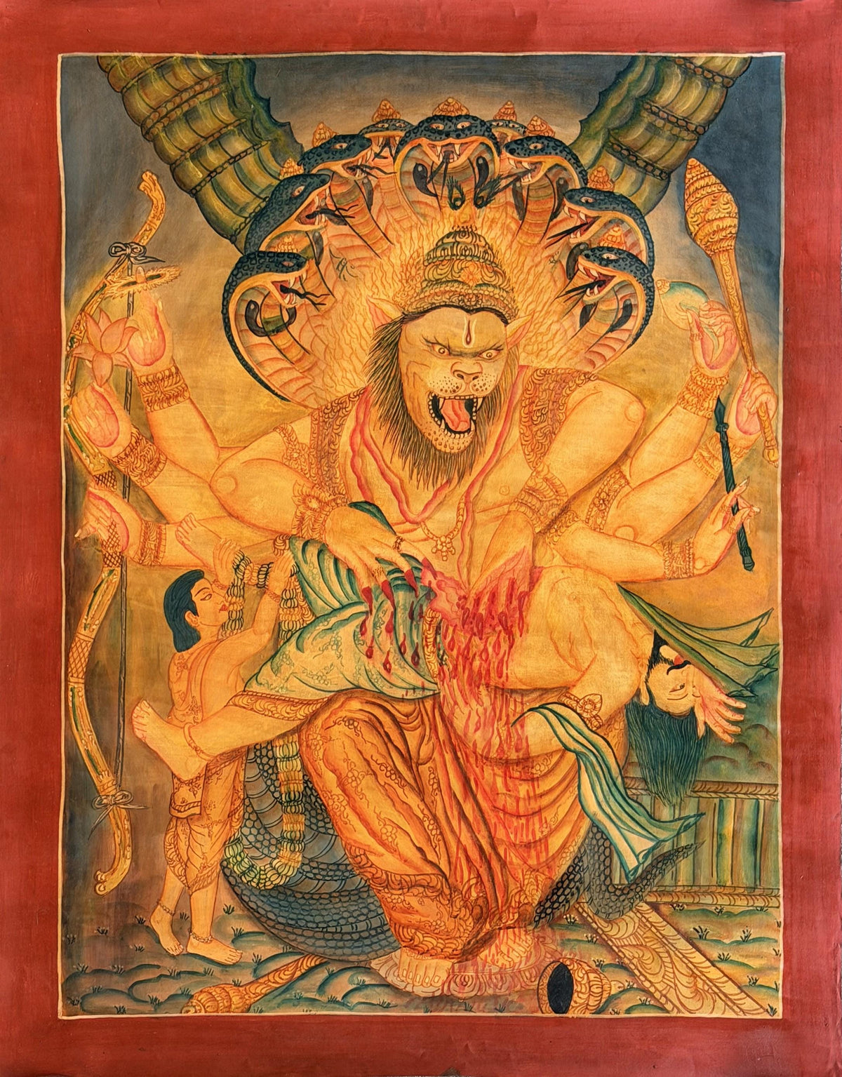 Oil Varnished Narasimha Thangka Painting, Lord Vishnu Lion Avatar, Hand-Painted Hindu Buddhist Art, Antique Style Nepal