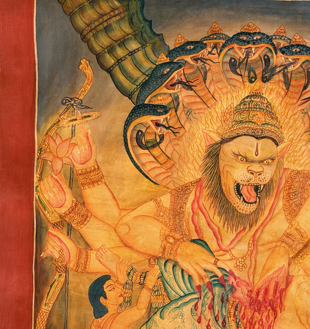 Oil Varnished Narasimha Thangka Painting, Lord Vishnu Lion Avatar, Hand-Painted Hindu Buddhist Art, Antique Style Nepal