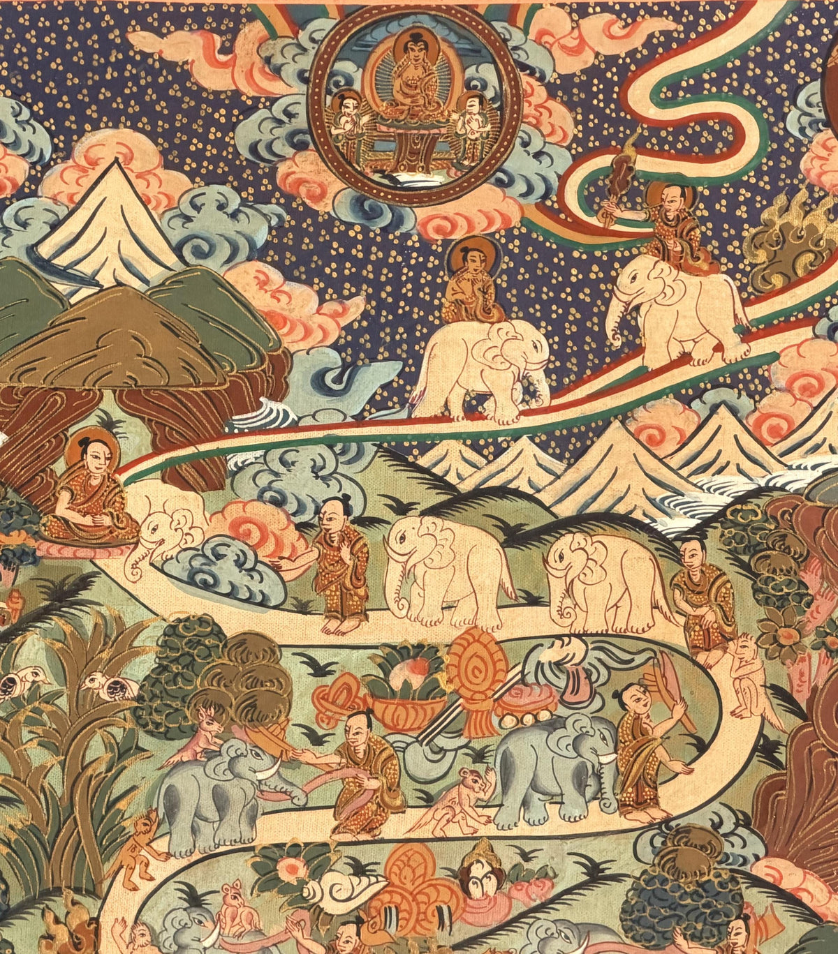 Hand-Painted Samatha Meditation Thangka  Nine Stage Elephant Path