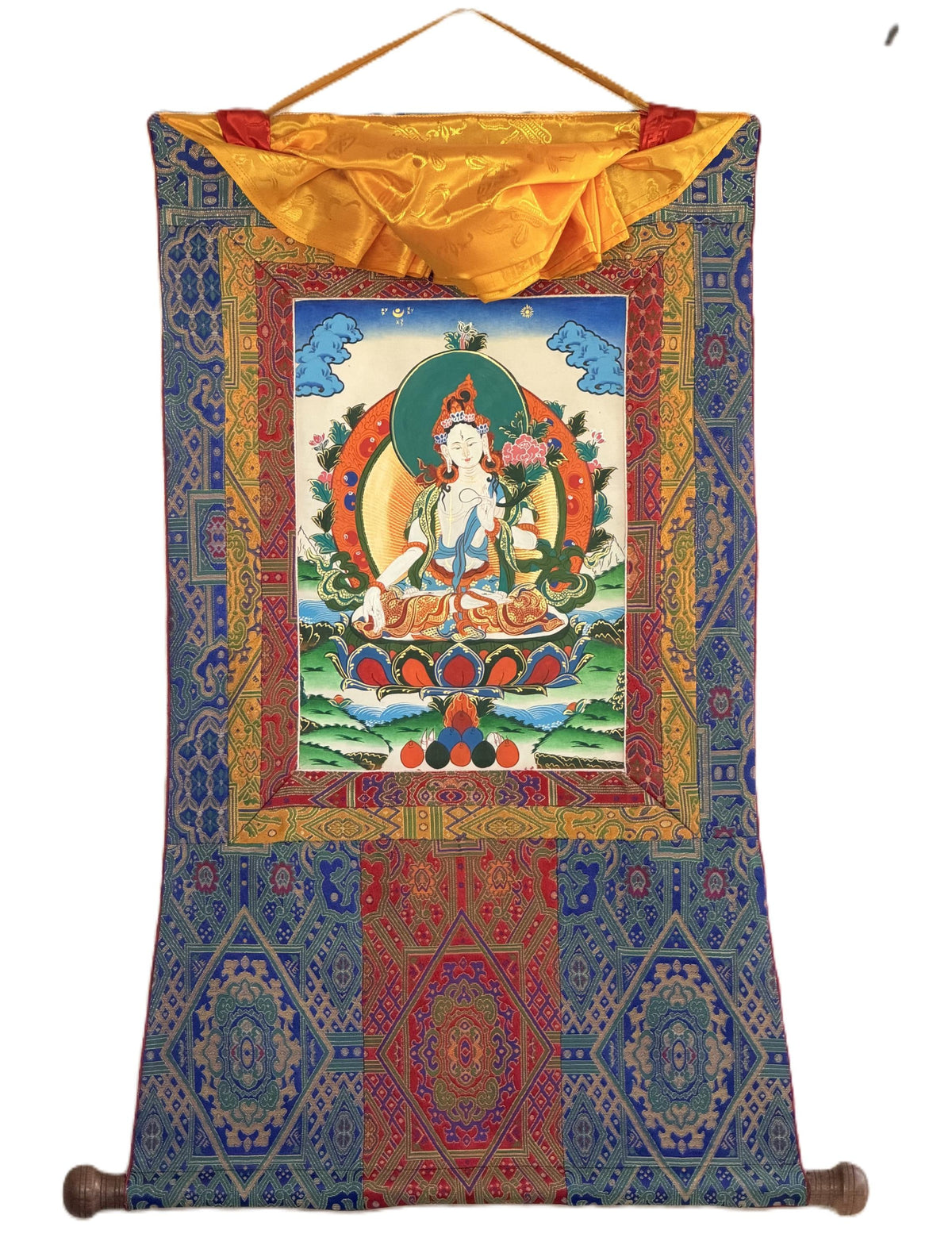 White Tara Thangka with  Silk Brocade | Hand-Painted Tibetan Buddhist Longevity Art