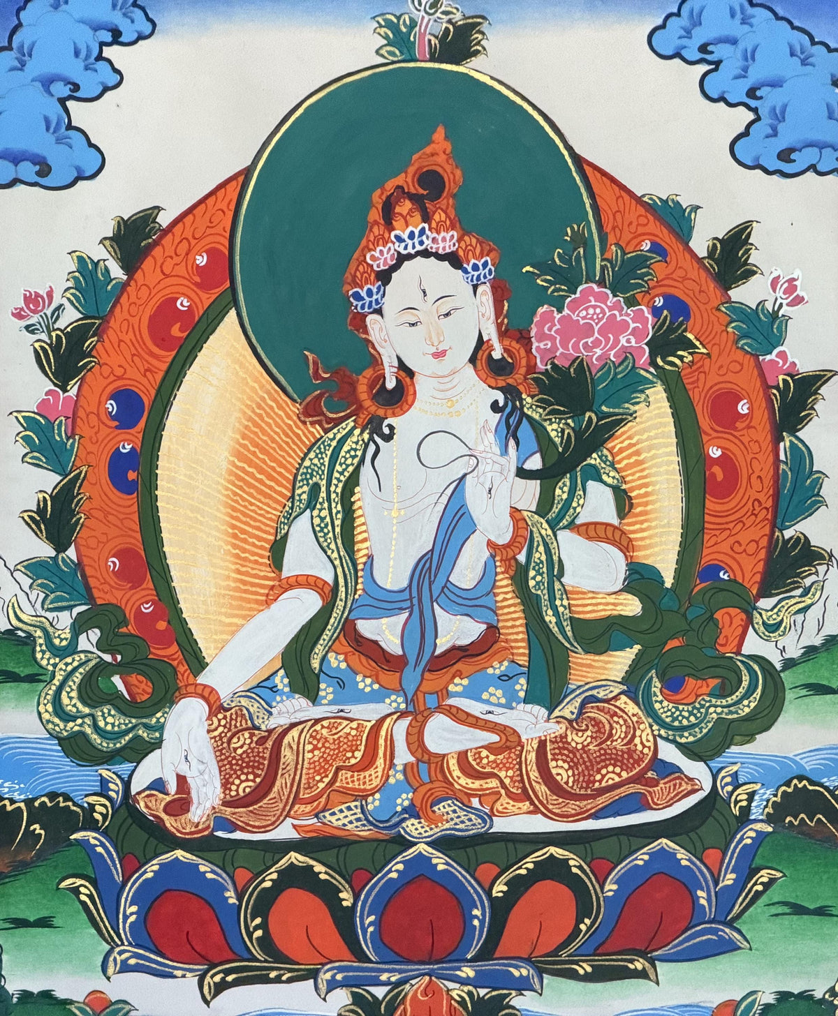 White Tara Thangka with  Silk Brocade | Hand-Painted Tibetan Buddhist Longevity Art