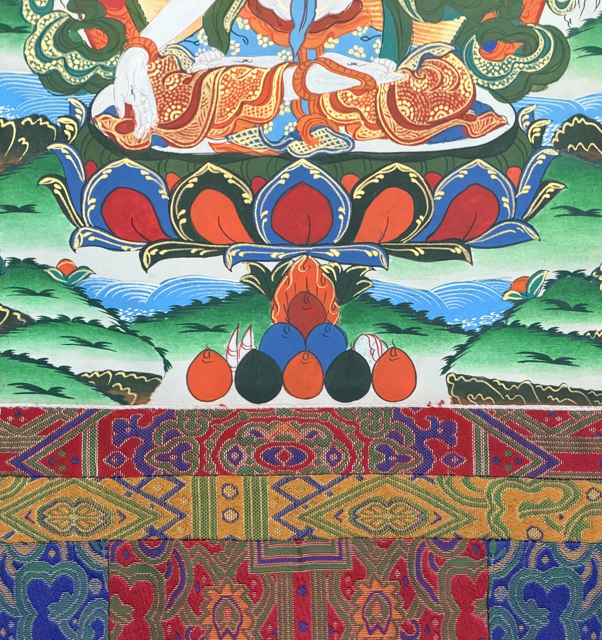 White Tara Thangka with  Silk Brocade | Hand-Painted Tibetan Buddhist Longevity Art