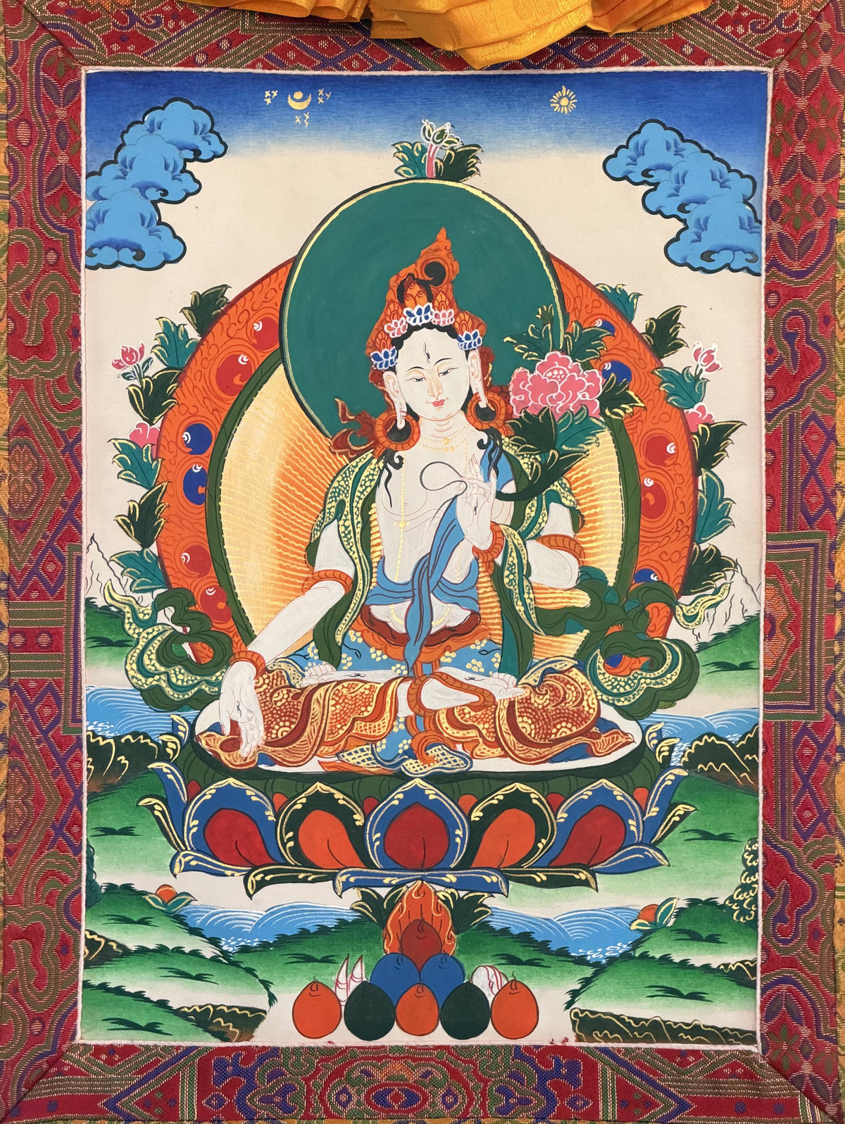 White Tara Thangka with  Silk Brocade | Hand-Painted Tibetan Buddhist Longevity Art