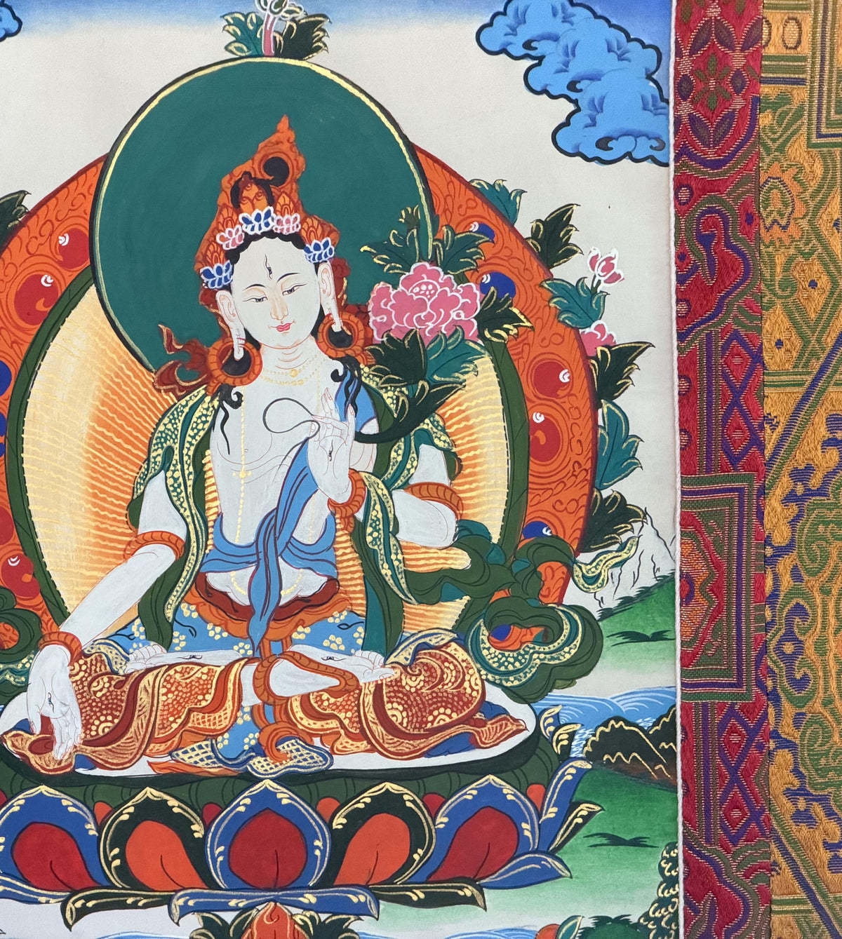 White Tara Thangka with  Silk Brocade | Hand-Painted Tibetan Buddhist Longevity Art