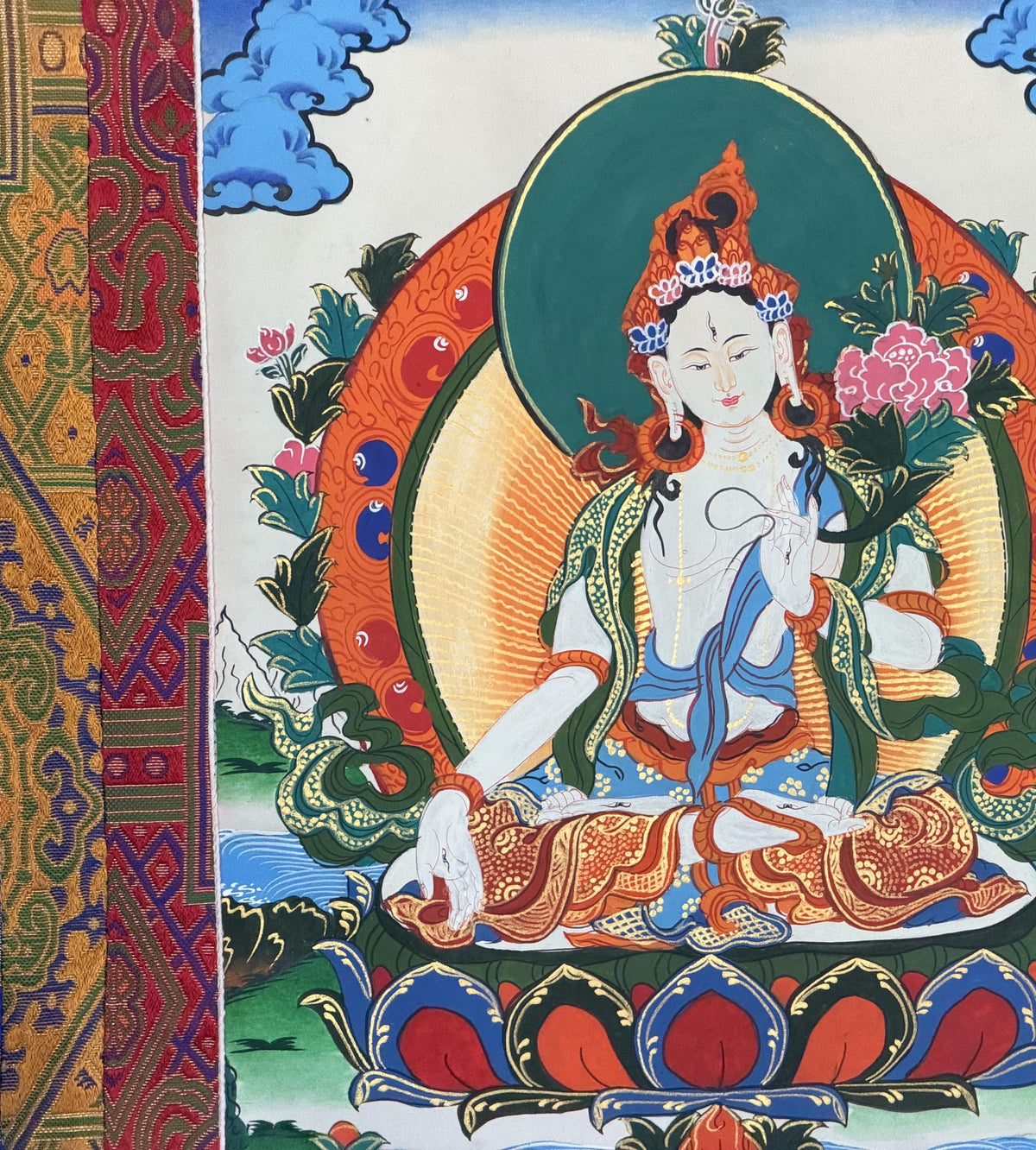 White Tara Thangka with  Silk Brocade | Hand-Painted Tibetan Buddhist Longevity Art