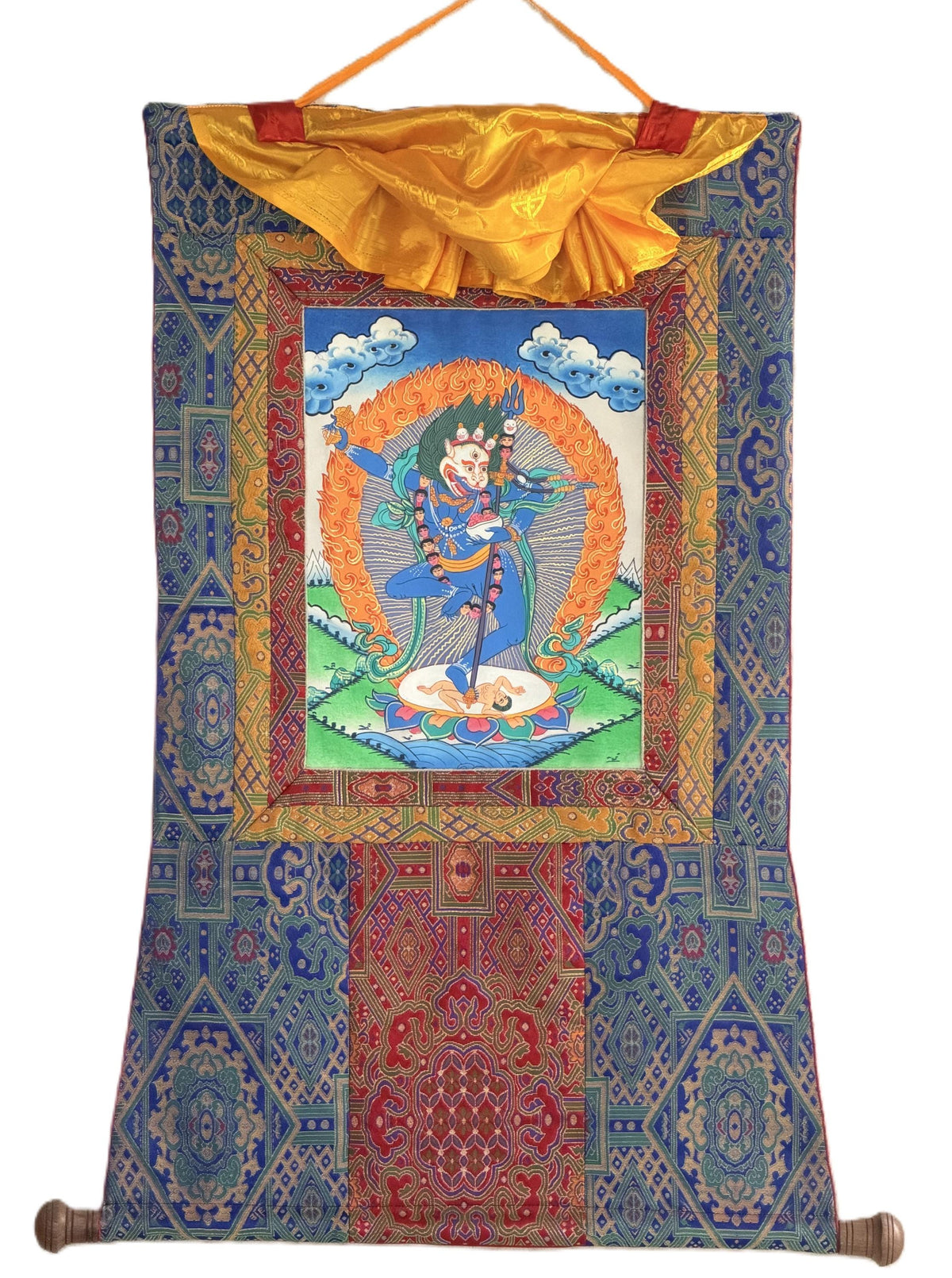 Simhamukhi Thangka Painting: Lion Face Dakini, Tibetan Buddhist Art with Silk Brocade