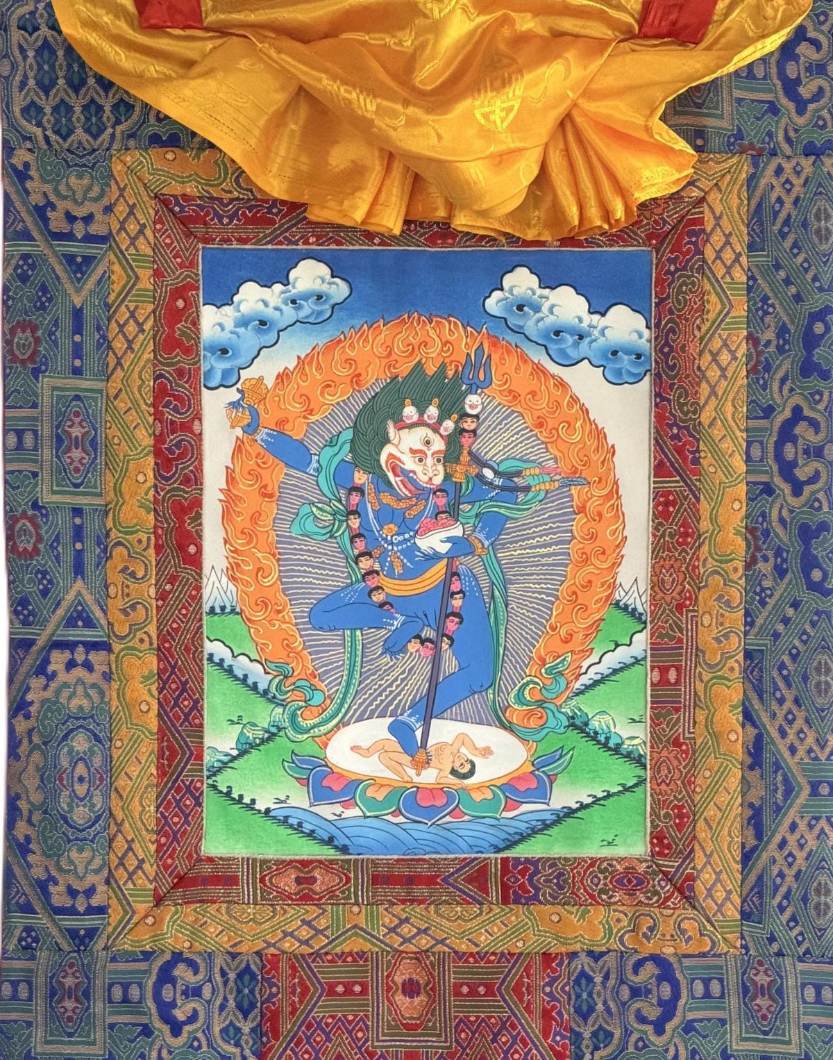 Simhamukhi Thangka Painting: Lion Face Dakini, Tibetan Buddhist Art with Silk Brocade