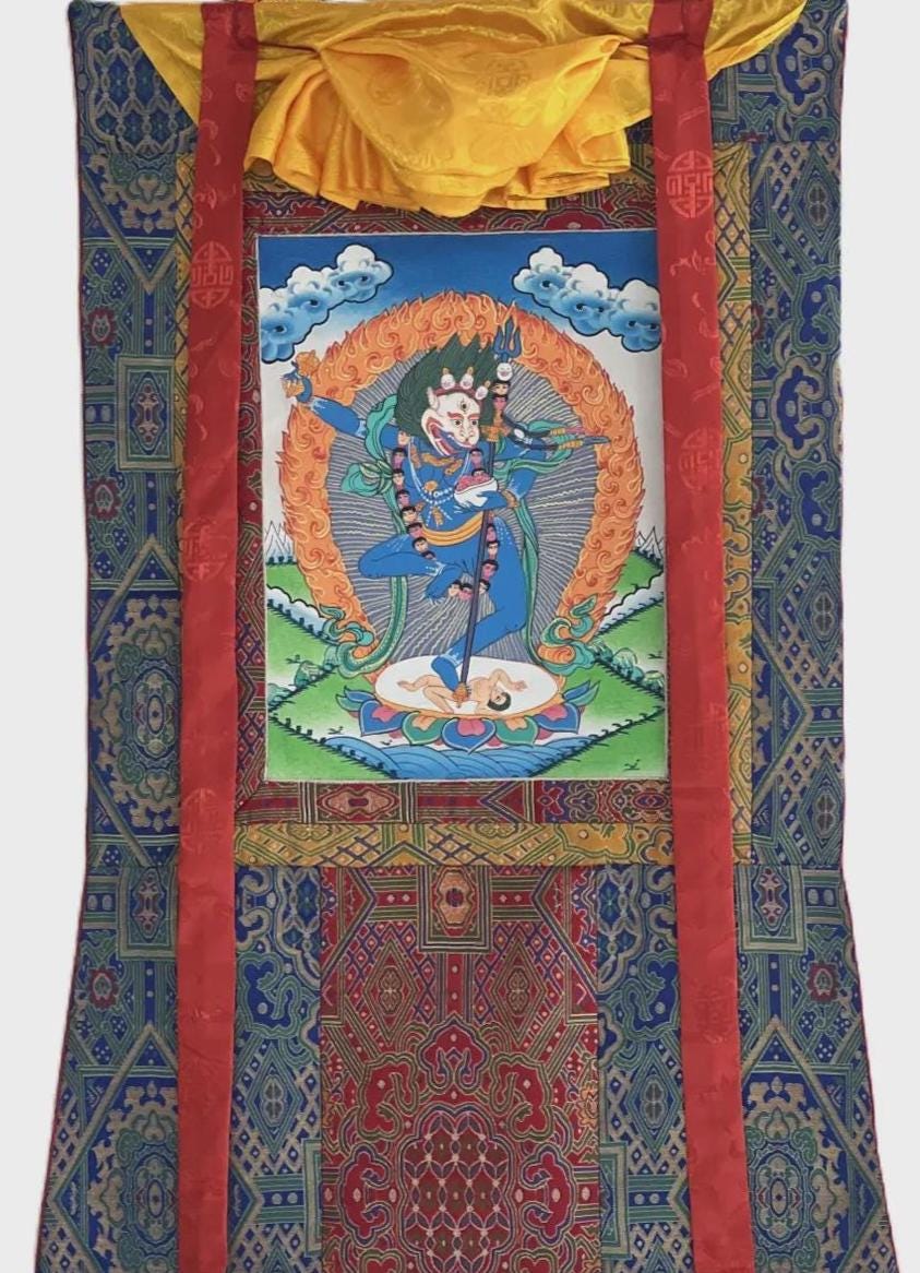 Simhamukhi Thangka Painting: Lion Face Dakini, Tibetan Buddhist Art with Silk Brocade