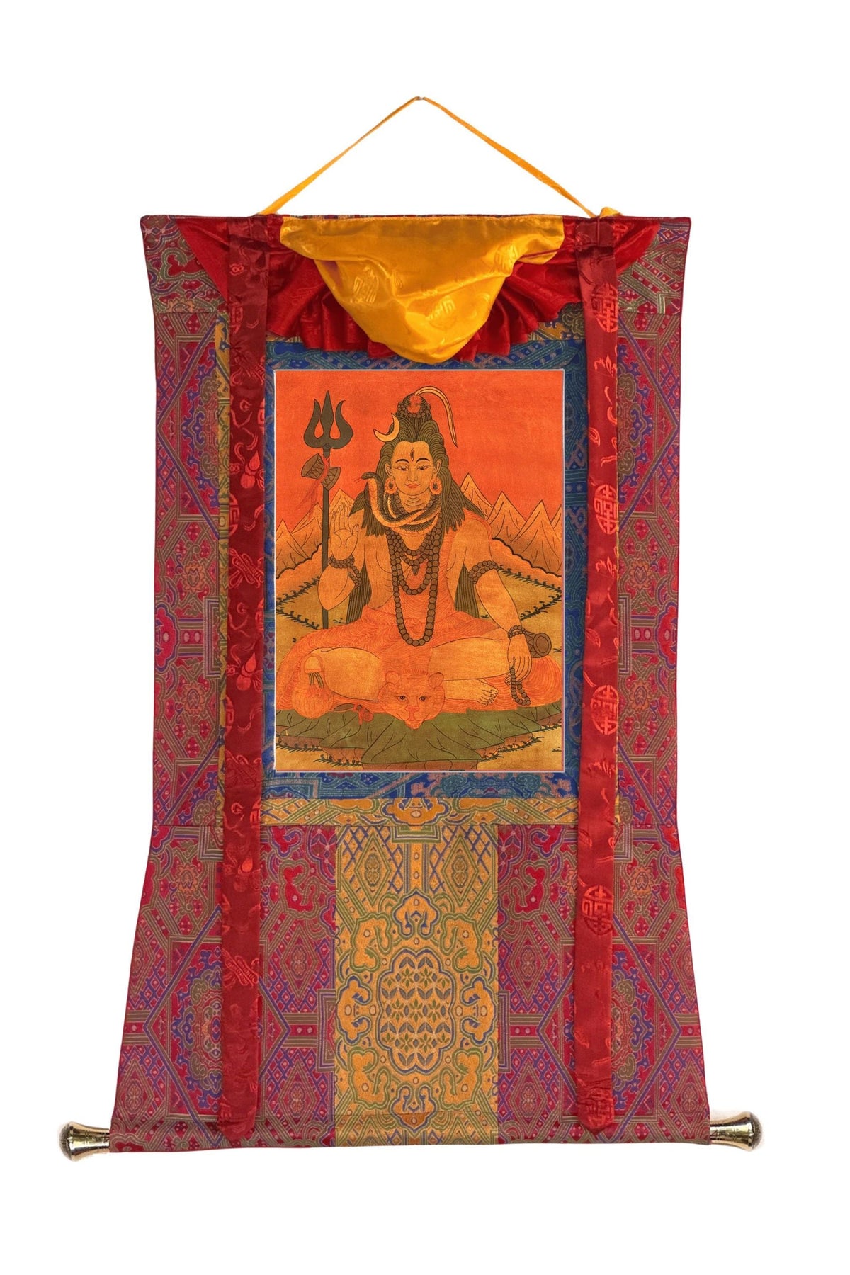 Oil-Varnished Lord Shiva Thangka, Mahadeva Hindu Painting with Silk Brocade, Hand-Painted in Nepal