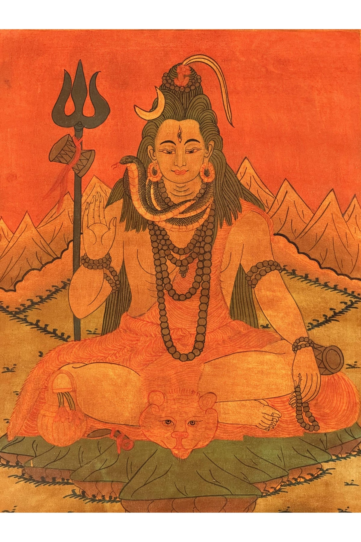 Oil-Varnished Lord Shiva Thangka, Mahadeva Hindu Painting with Silk Brocade, Hand-Painted in Nepal