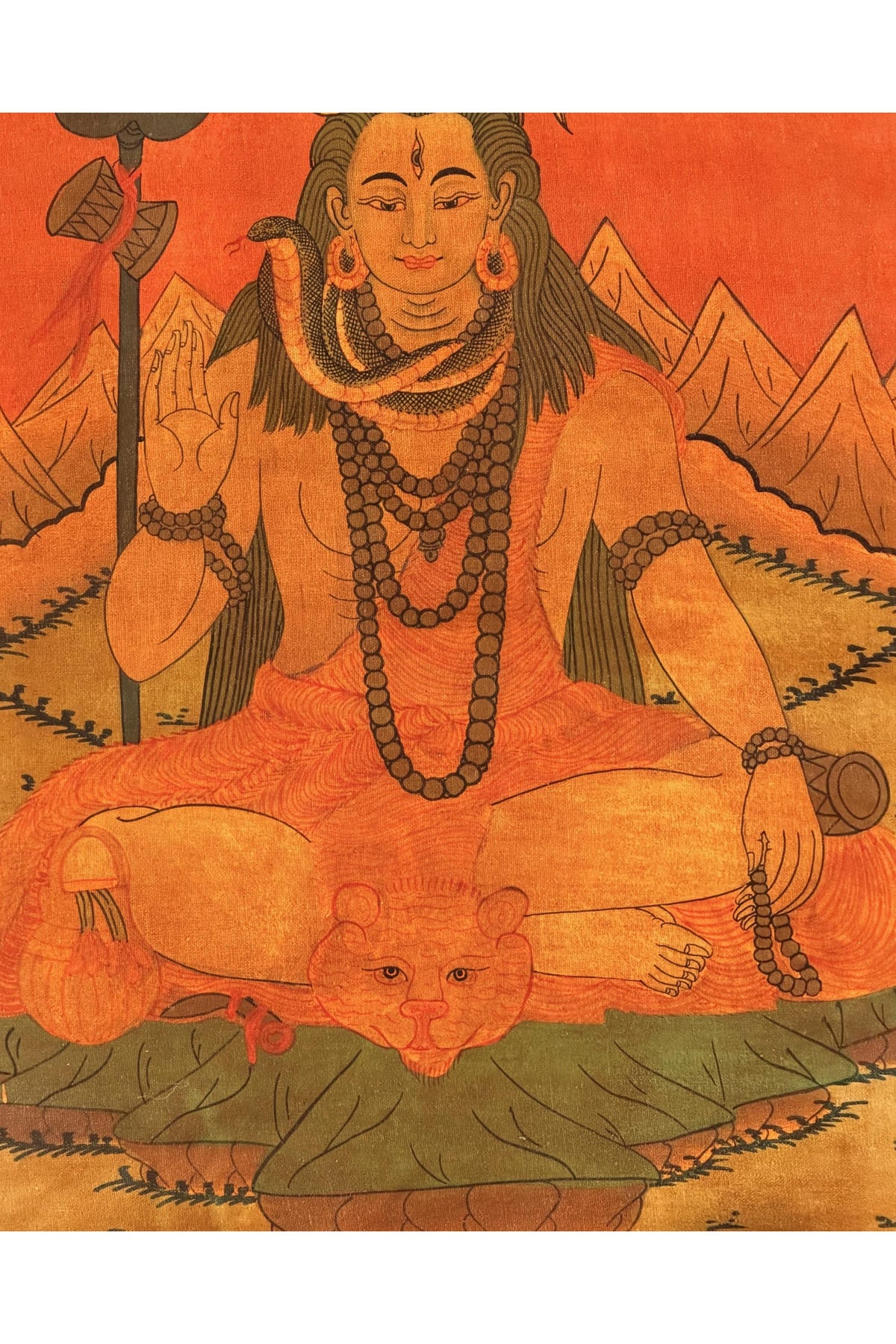 Oil-Varnished Lord Shiva Thangka, Mahadeva Hindu Painting with Silk Brocade, Hand-Painted in Nepal