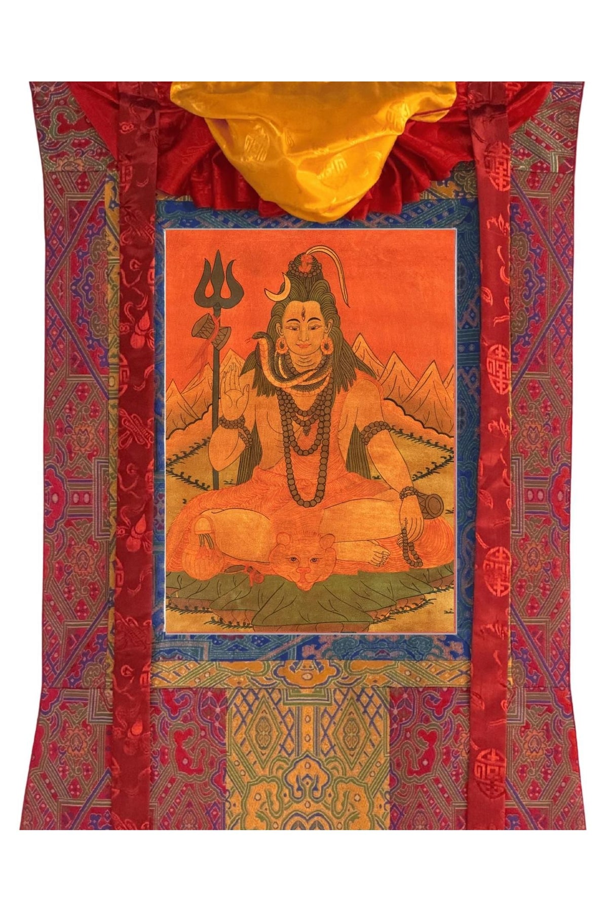 Oil-Varnished Lord Shiva Thangka, Mahadeva Hindu Painting with Silk Brocade, Hand-Painted in Nepal