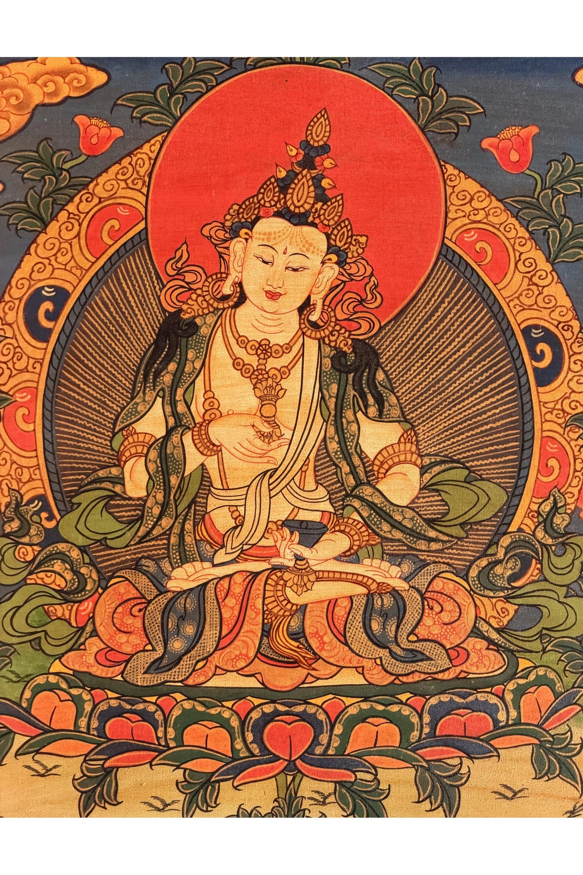 Oil-Varnished Vajrasattva Thangka, Dorje Sempa Tibetan Buddhist Purification Art with Silk Brocade, Hand-Painted in Nepal