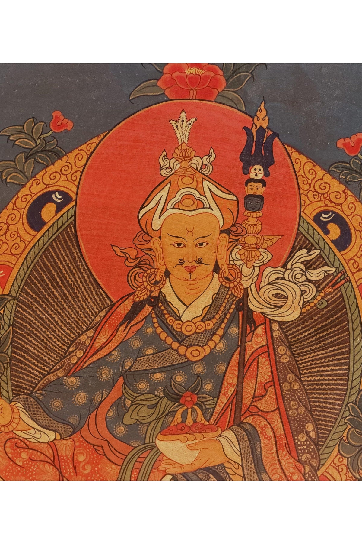 Oil-Varnished Guru Rinpoche Thangka, Padmasambhava Tibetan Buddhist Art with Silk Brocade, Hand-Painted in Nepal