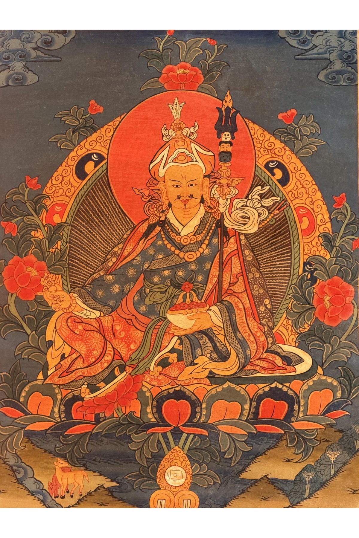 Oil-Varnished Guru Rinpoche Thangka, Padmasambhava Tibetan Buddhist Art with Silk Brocade, Hand-Painted in Nepal