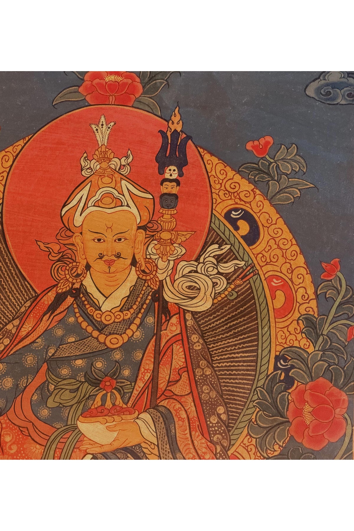 Oil-Varnished Guru Rinpoche Thangka, Padmasambhava Tibetan Buddhist Art with Silk Brocade, Hand-Painted in Nepal