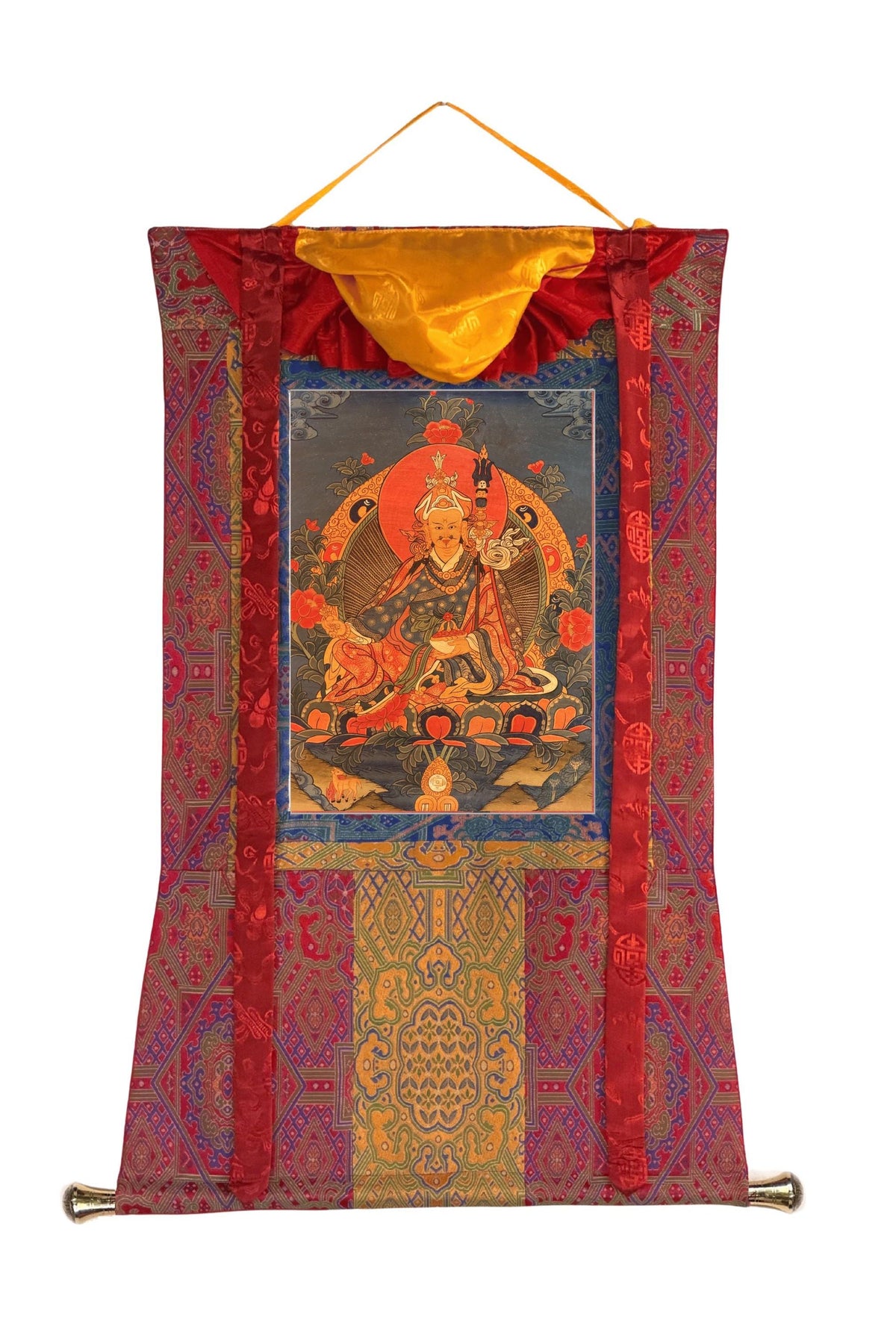 Oil-Varnished Guru Rinpoche Thangka, Padmasambhava Tibetan Buddhist Art with Silk Brocade, Hand-Painted in Nepal