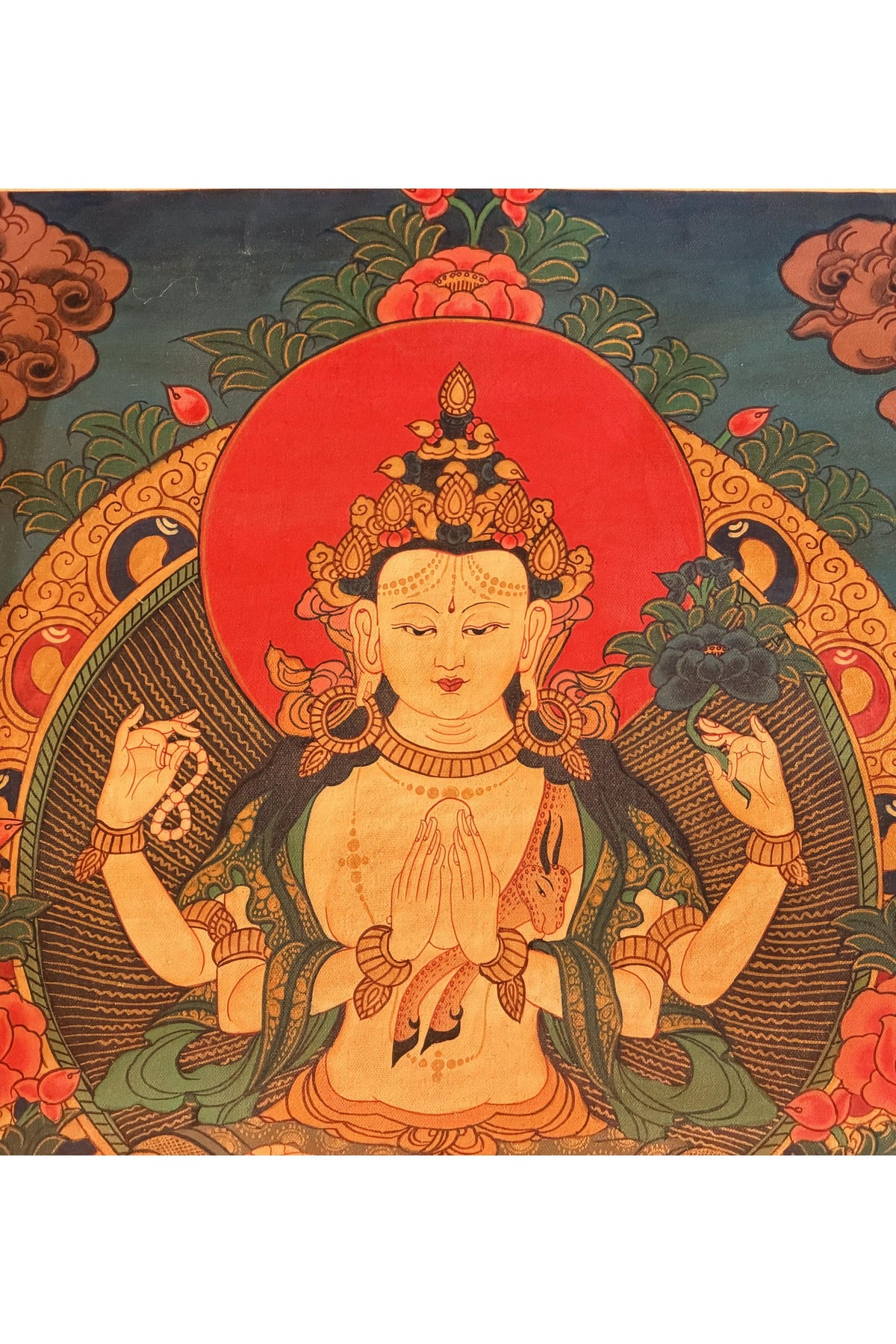 Oil-Varnished Four-Armed Chenrezig Thangka, Avalokiteshvara Tibetan Buddhist Art with Silk Brocade