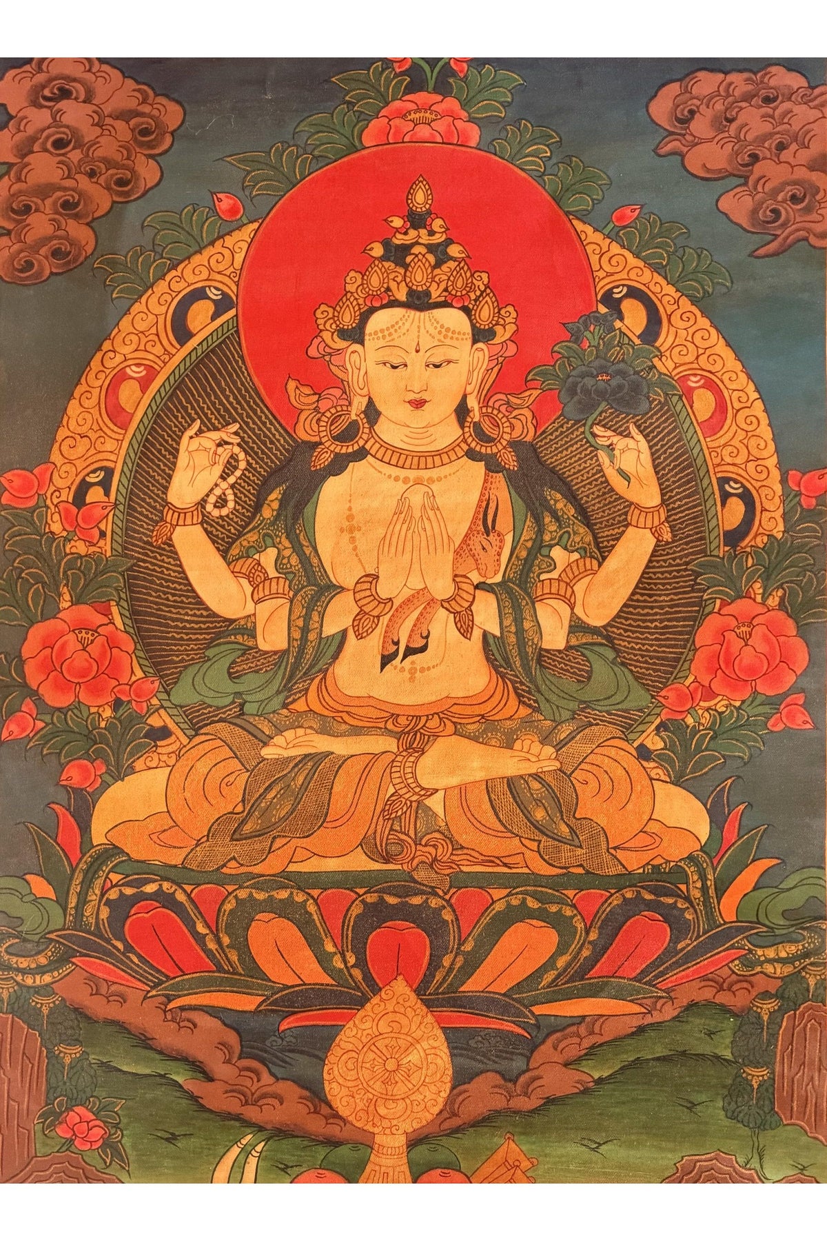 Oil-Varnished Four-Armed Chenrezig Thangka, Avalokiteshvara Tibetan Buddhist Art with Silk Brocade