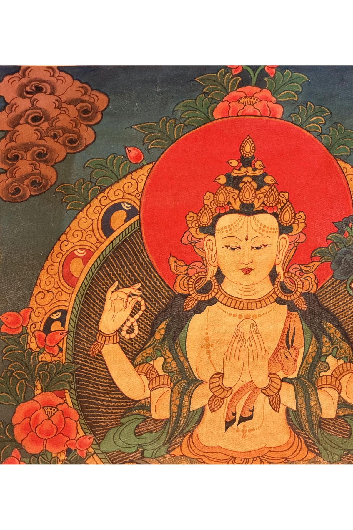 Oil-Varnished Four-Armed Chenrezig Thangka, Avalokiteshvara Tibetan Buddhist Art with Silk Brocade