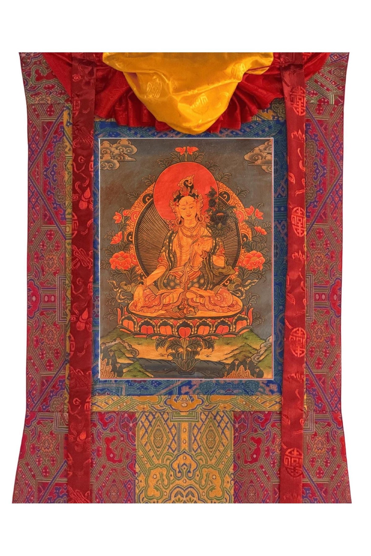 Semi-Old White Tara Thangka, Oil-Varnished Tibetan Buddhist Painting with Silk Brocade, Hand-Painted in Nepal