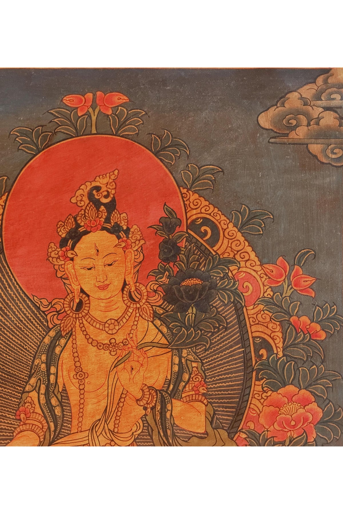 Semi-Old White Tara Thangka, Oil-Varnished Tibetan Buddhist Painting with Silk Brocade, Hand-Painted in Nepal