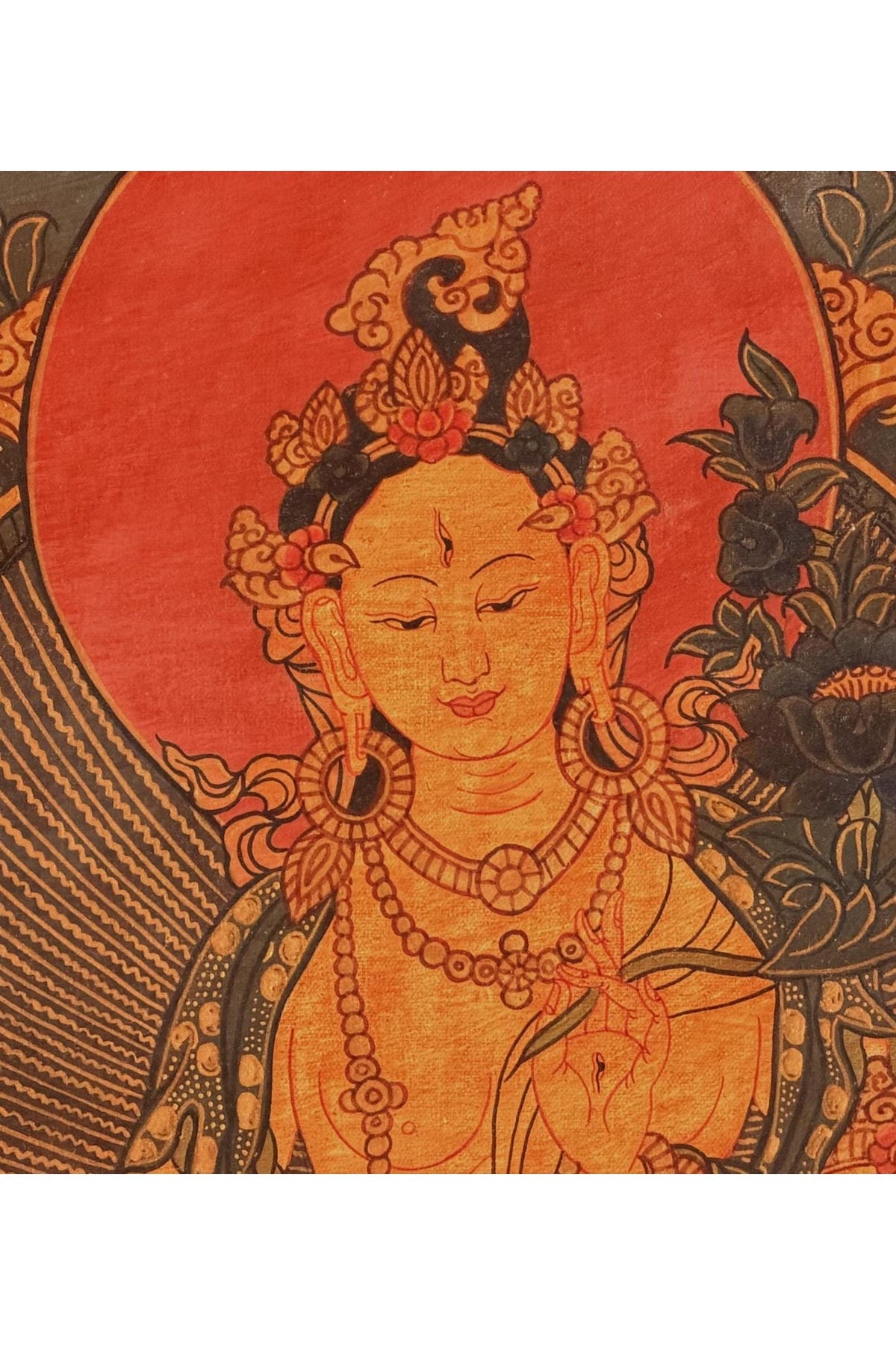 Semi-Old White Tara Thangka, Oil-Varnished Tibetan Buddhist Painting with Silk Brocade, Hand-Painted in Nepal