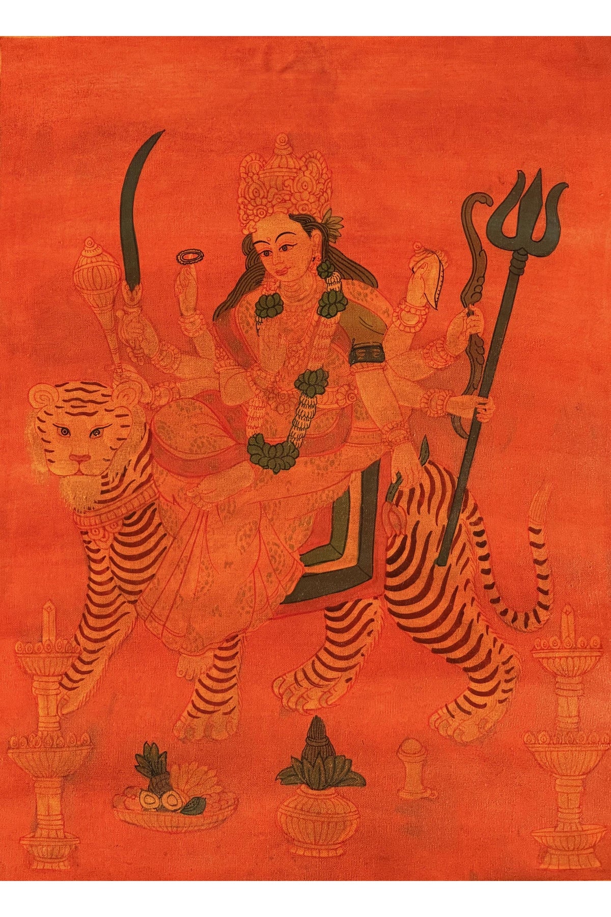 Oil-Varnished Durga Thangka, Hand-Painted Hindu Goddess Art with Silk Brocade, Divine Mother Painting from Nepal