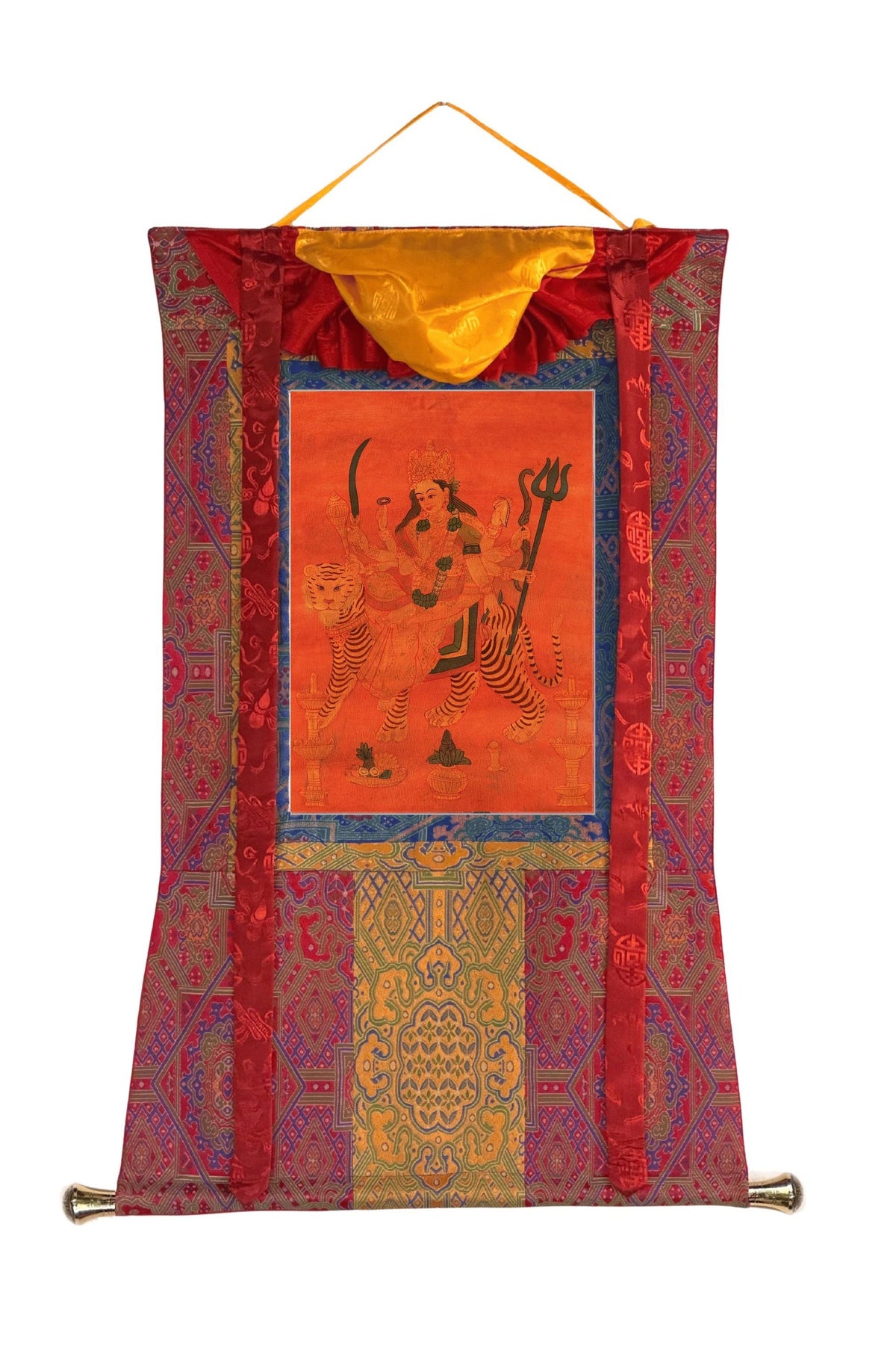 Oil-Varnished Durga Thangka, Hand-Painted Hindu Goddess Art with Silk Brocade, Divine Mother Painting from Nepal