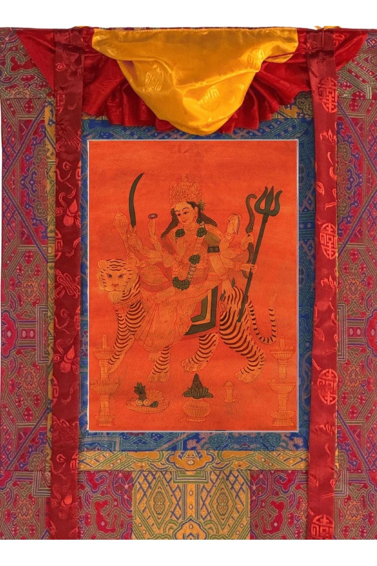 Oil-Varnished Durga Thangka, Hand-Painted Hindu Goddess Art with Silk Brocade, Divine Mother Painting from Nepal