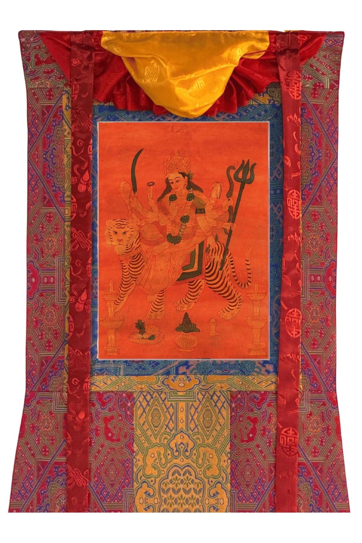 Oil-Varnished Durga Thangka, Hand-Painted Hindu Goddess Art with Silk Brocade, Divine Mother Painting from Nepal