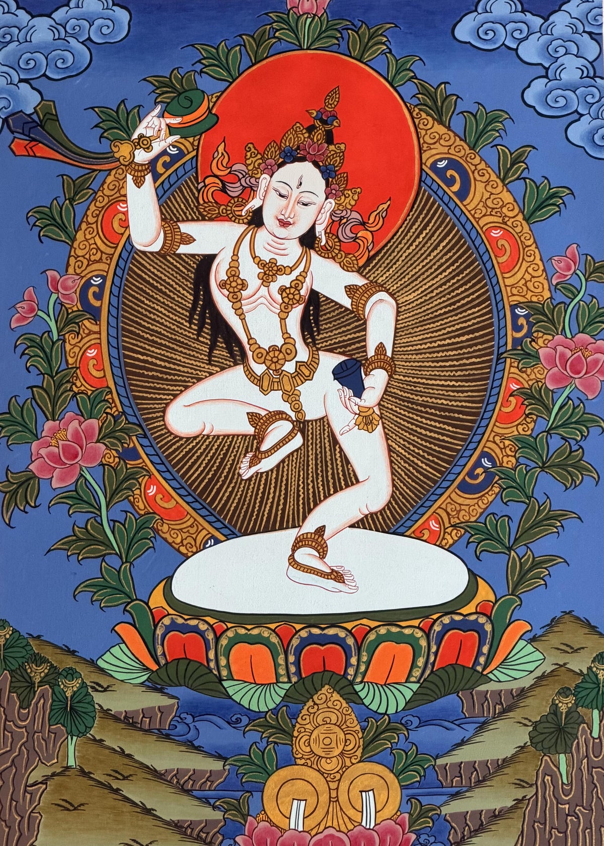 Machig Labdron Thangka with Silk Brocade | Hand-Painted Tibetan Chod Master Buddhist Art | Female Yogi Nepal