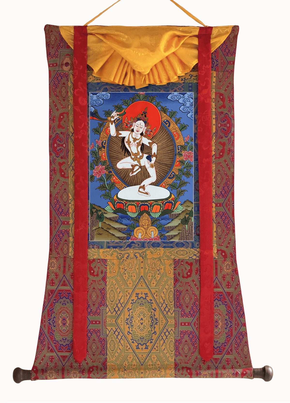 Machig Labdron Thangka with Silk Brocade | Hand-Painted Tibetan Chod Master Buddhist Art | Female Yogi Nepal