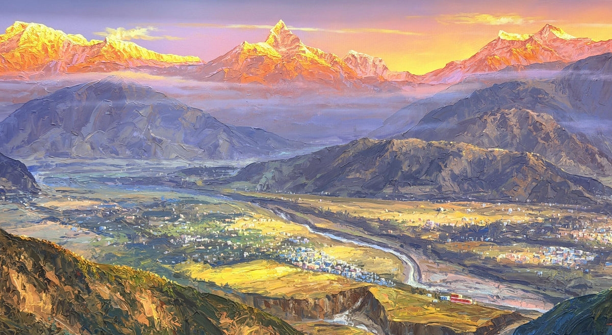 Annapurna Sunrise Acrylic Painting on Canvas, Pokhara Valley and Machhapuchhre, Panoramic Nepal Mountain Art, 30 x 72 Inches