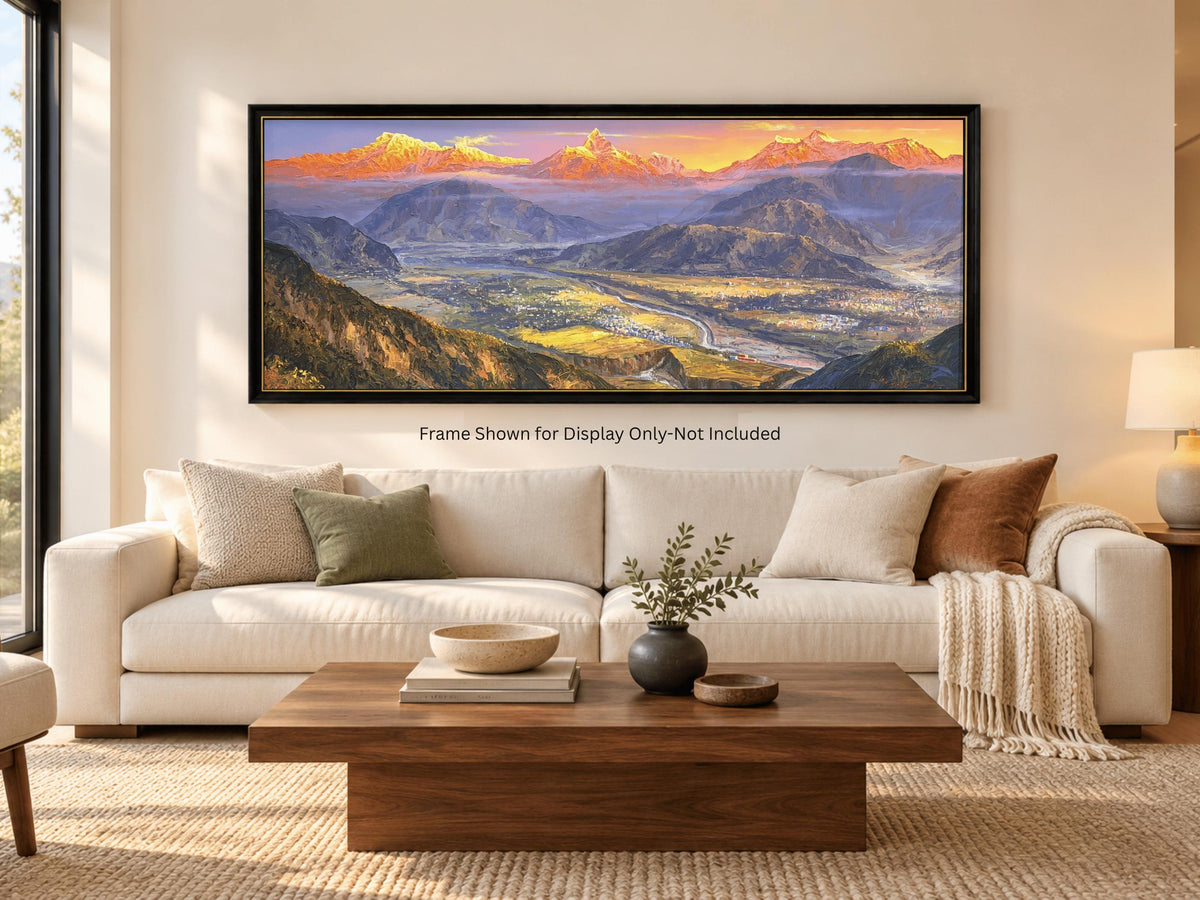 Annapurna Sunrise Acrylic Painting on Canvas, Pokhara Valley and Machhapuchhre, Panoramic Nepal Mountain Art, 30 x 72 Inches