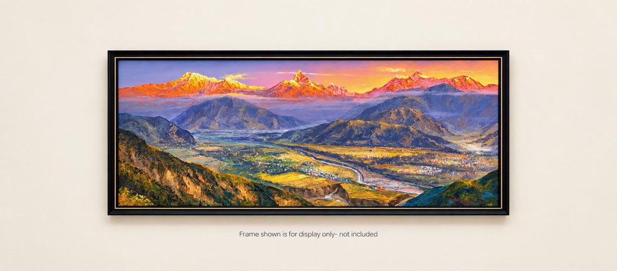Annapurna Sunrise Acrylic Painting on Canvas, Pokhara Valley and Machhapuchhre, Panoramic Nepal Mountain Art, 30 x 72 Inches
