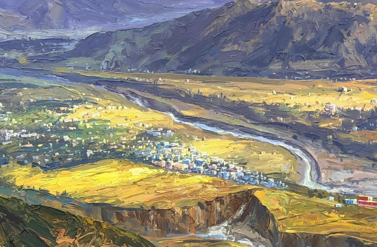 Annapurna Sunrise Acrylic Painting on Canvas, Pokhara Valley and Machhapuchhre, Panoramic Nepal Mountain Art, 30 x 72 Inches