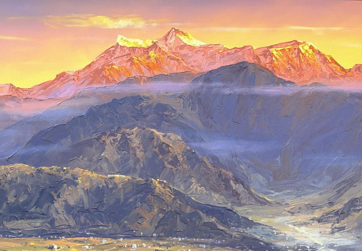 Annapurna Sunrise Acrylic Painting on Canvas, Pokhara Valley and Machhapuchhre, Panoramic Nepal Mountain Art, 30 x 72 Inches