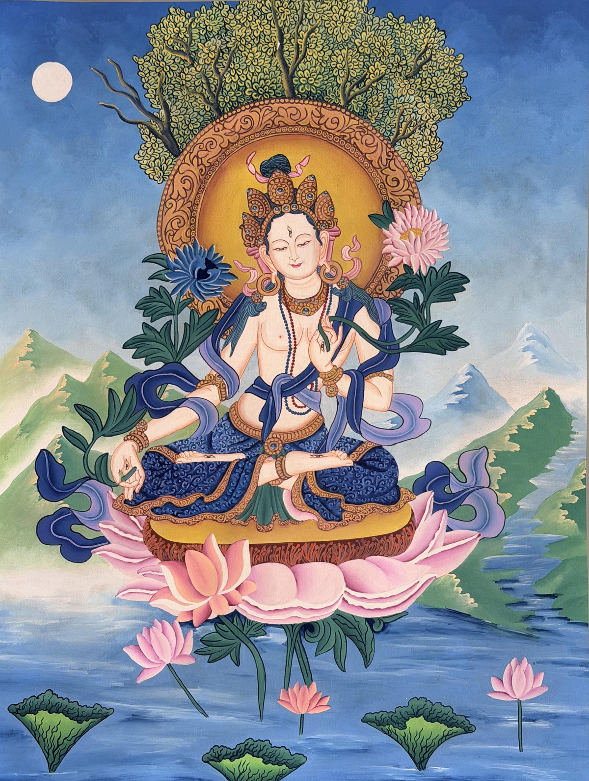 White Tara Newari Paubha Thangka, Hand-Painted Buddhist Art from Nepal, Silk Brocade Option