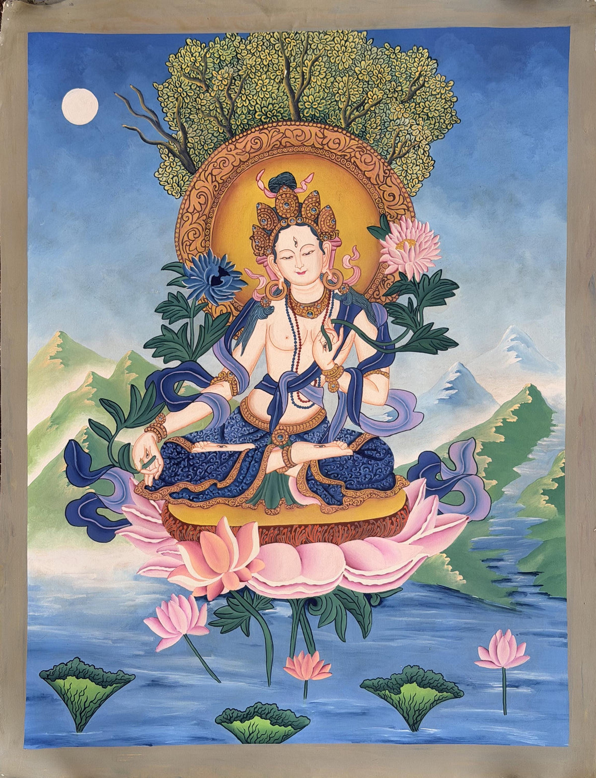 White Tara Newari Paubha Thangka, Hand-Painted Buddhist Art from Nepal, Silk Brocade Option
