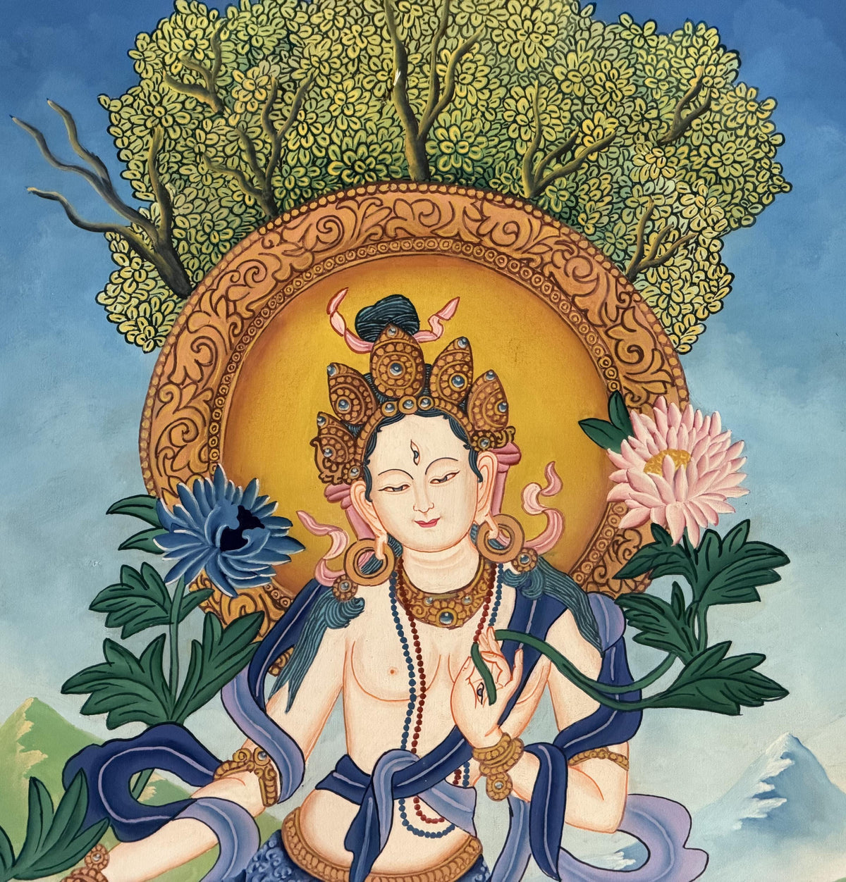 White Tara Newari Paubha Thangka, Hand-Painted Buddhist Art from Nepal, Silk Brocade Option