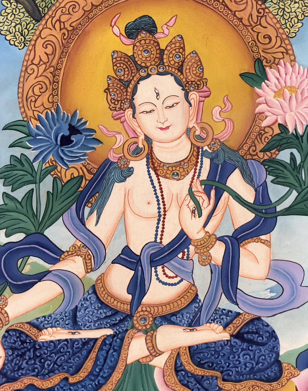 White Tara Newari Paubha Thangka, Hand-Painted Buddhist Art from Nepal, Silk Brocade Option
