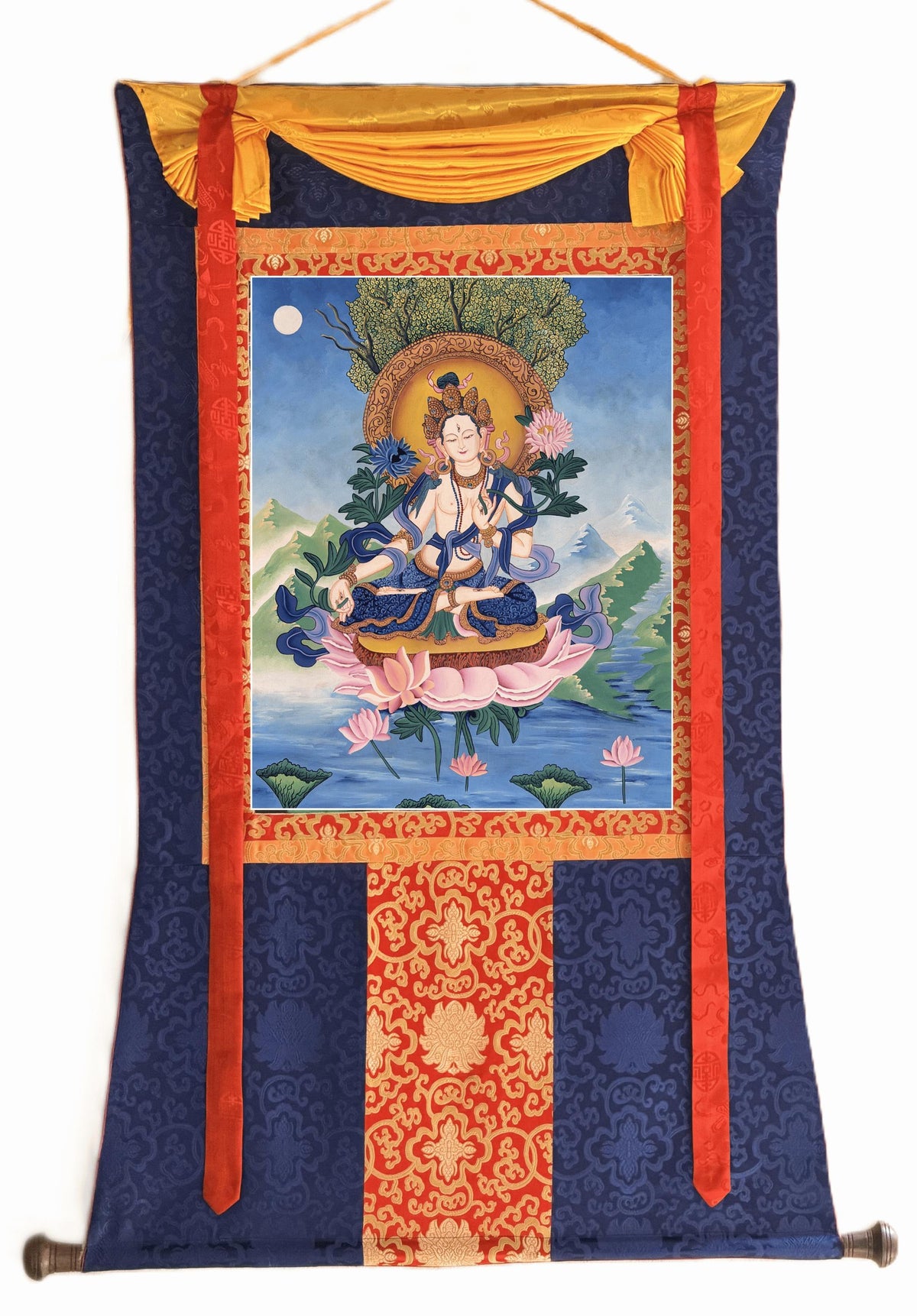 White Tara Newari Paubha Thangka, Hand-Painted Buddhist Art from Nepal, Silk Brocade Option