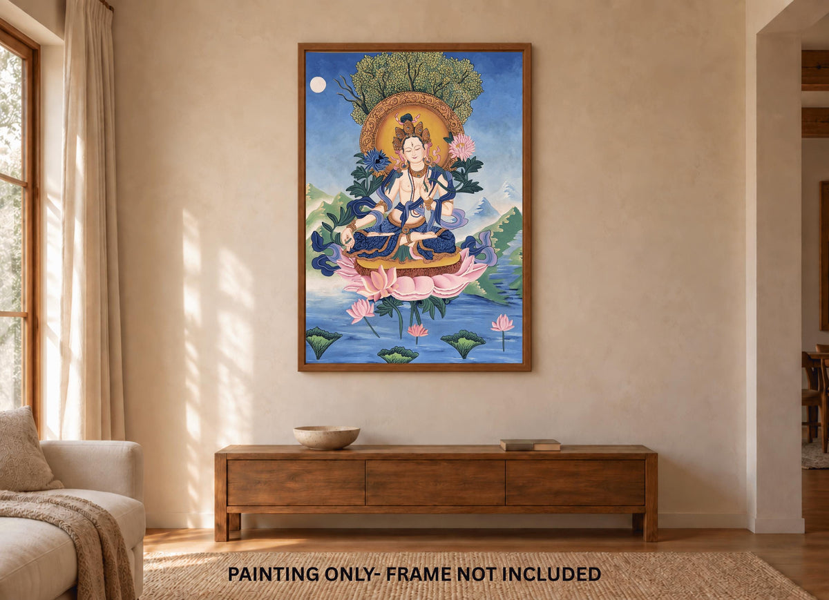 White Tara Newari Paubha Thangka, Hand-Painted Buddhist Art from Nepal, Silk Brocade Option