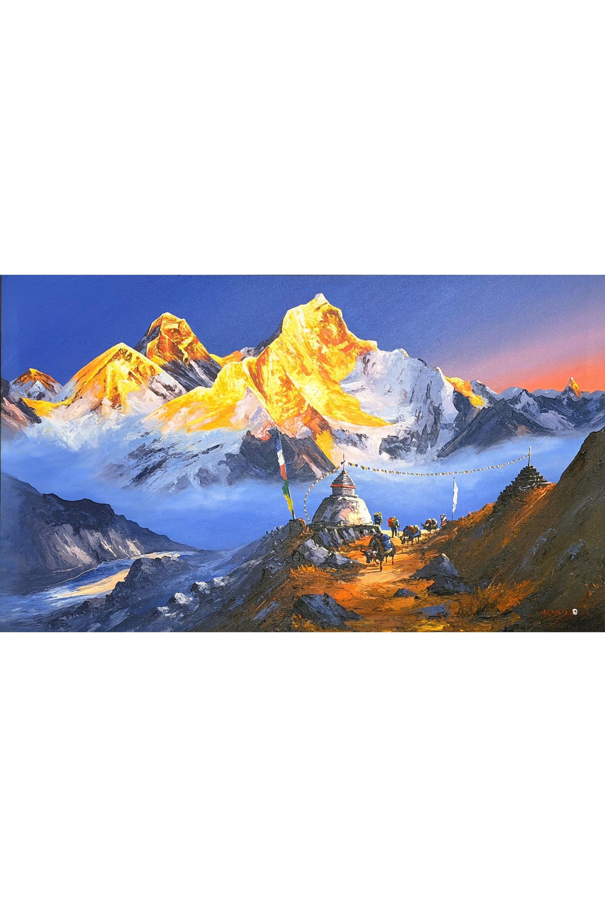 Mount Everest Sunrise Acrylic Painting on Canvas, Himalayan Landscape with Buddhist Stupa, 36 x 60 Inches