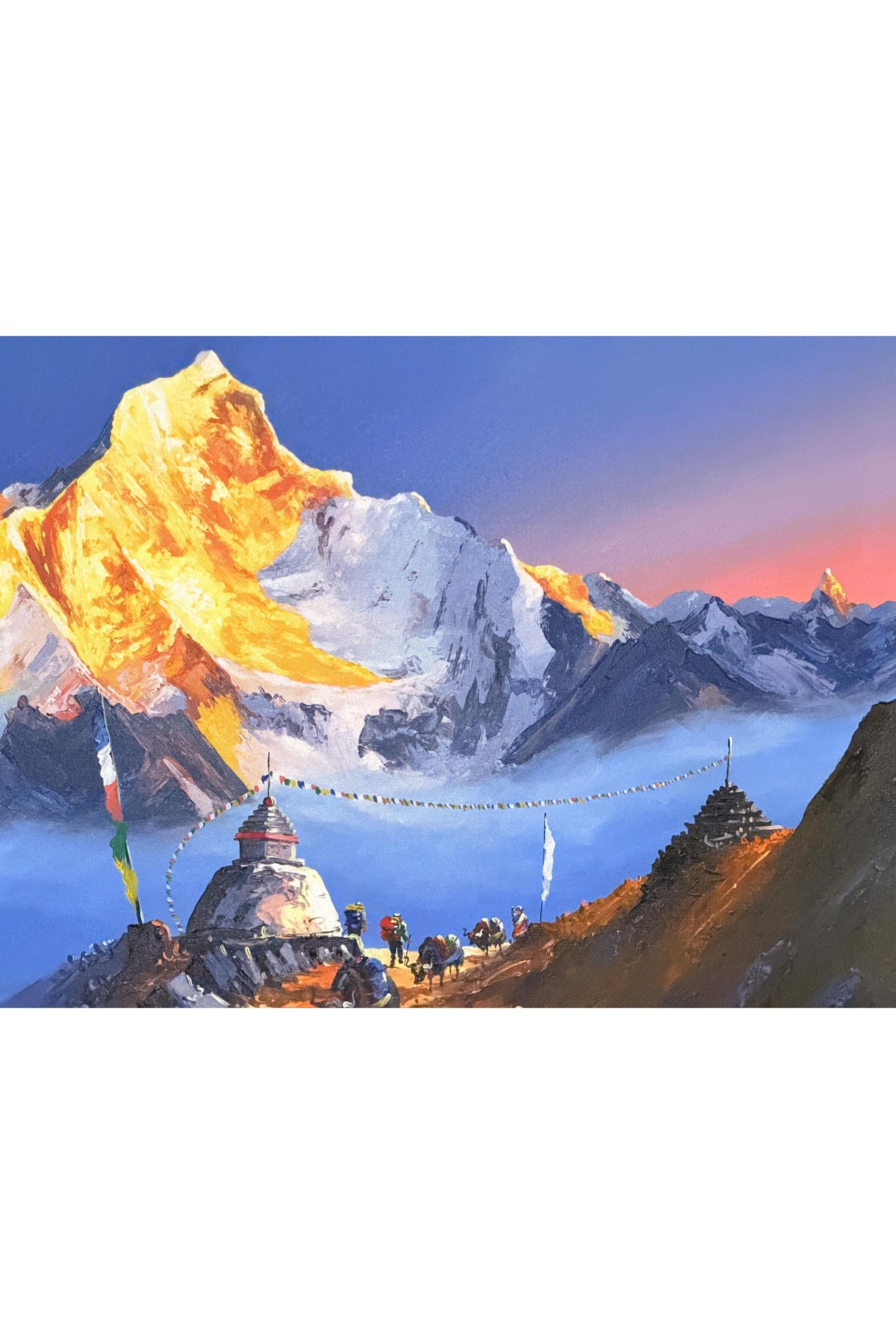 Mount Everest Sunrise Acrylic Painting on Canvas, Himalayan Landscape with Buddhist Stupa, 36 x 60 Inches