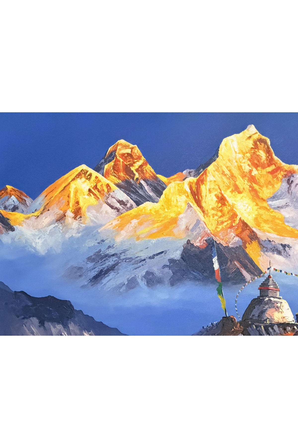 Mount Everest Sunrise Acrylic Painting on Canvas, Himalayan Landscape with Buddhist Stupa, 36 x 60 Inches