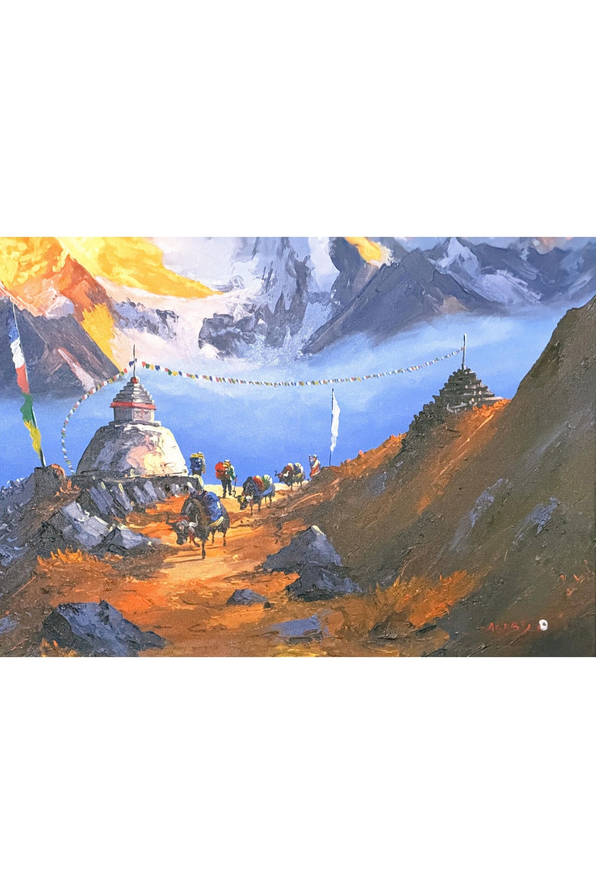 Mount Everest Sunrise Acrylic Painting on Canvas, Himalayan Landscape with Buddhist Stupa, 36 x 60 Inches